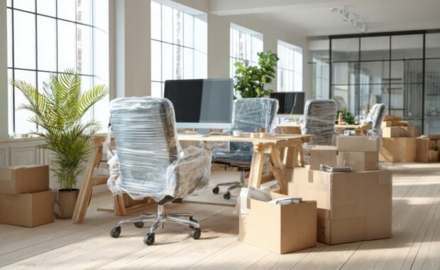 Modern office relocation with packed boxes and wrapped furniture in sunlight