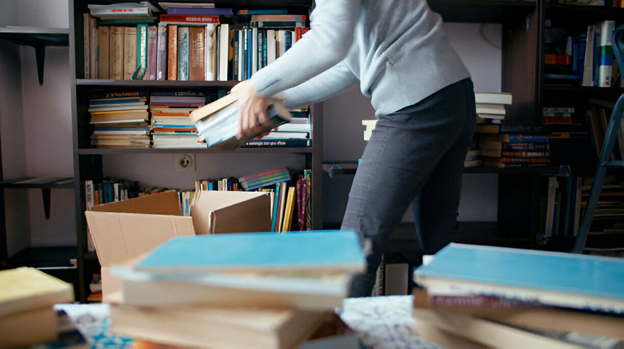 therapist packing their books into boxes for moving