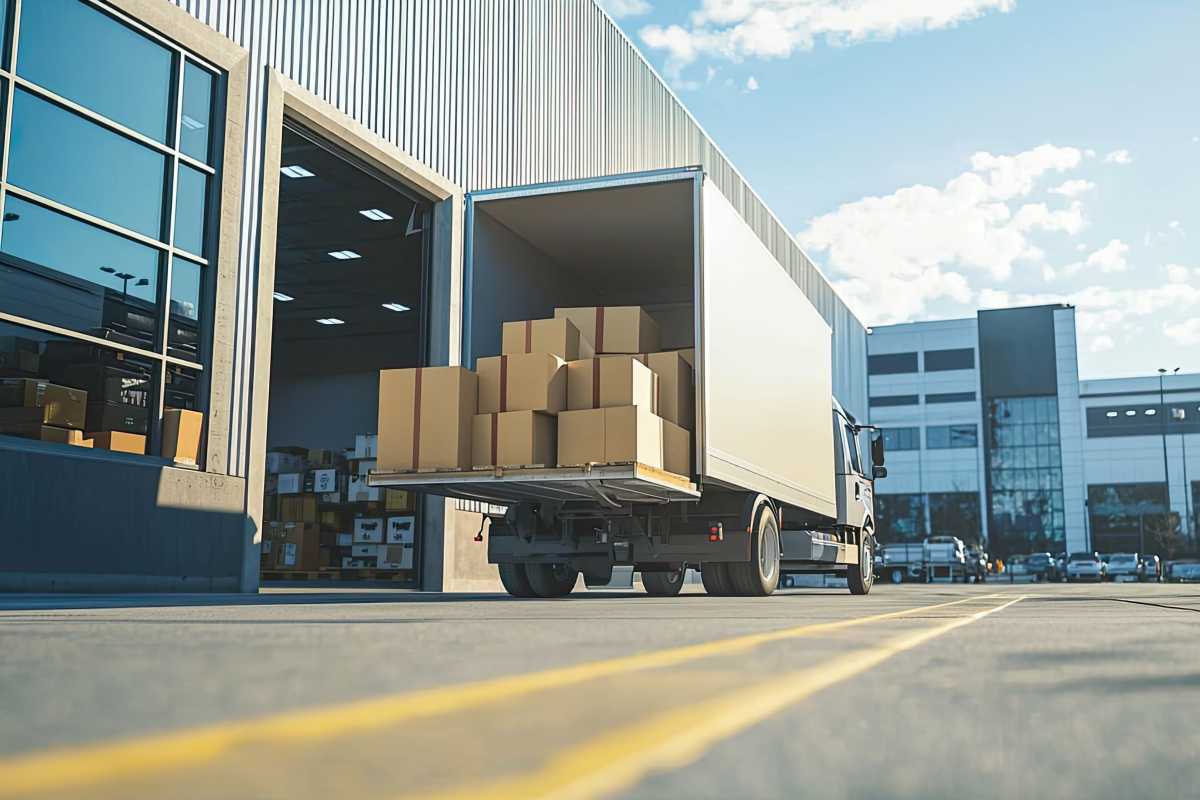 Delivery truck unloading boxes at warehouse dock under bright blue sky.
