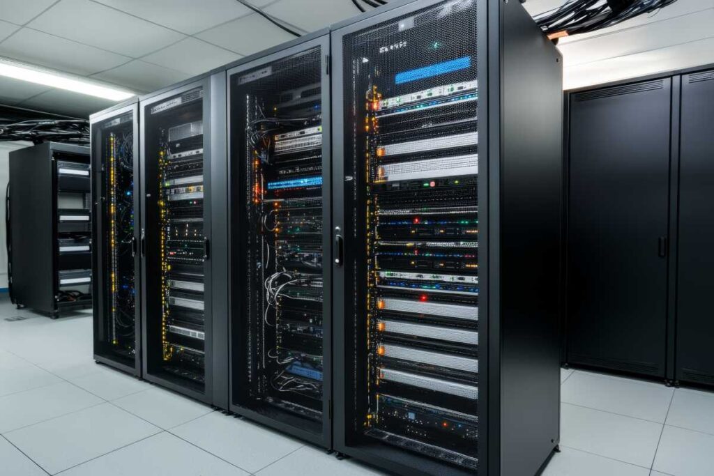 Contemporary data center interior featuring server racks and telecommunication equipment, highlighting advanced network and internet communication technology for efficient digital operations