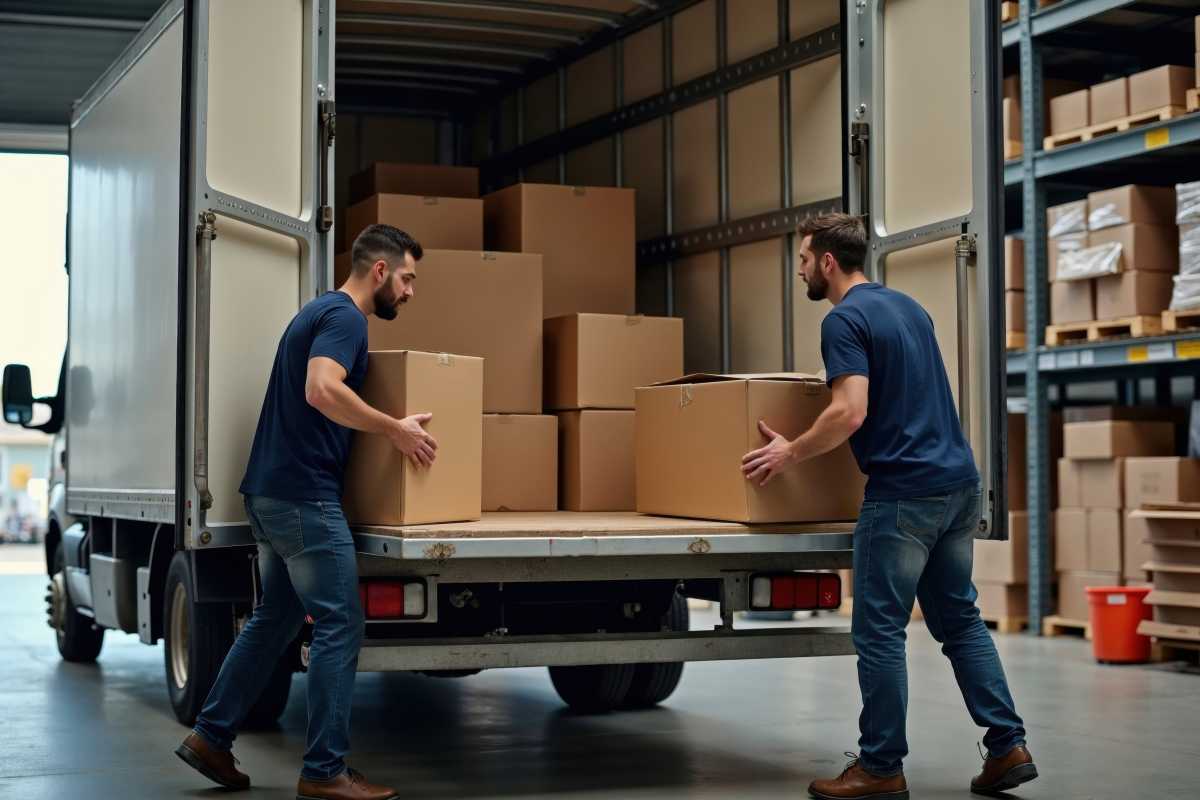Two movers loading cardboard boxes into a delivery truck in a warehouse, representing teamwork, logistics, and efficient transportation.
