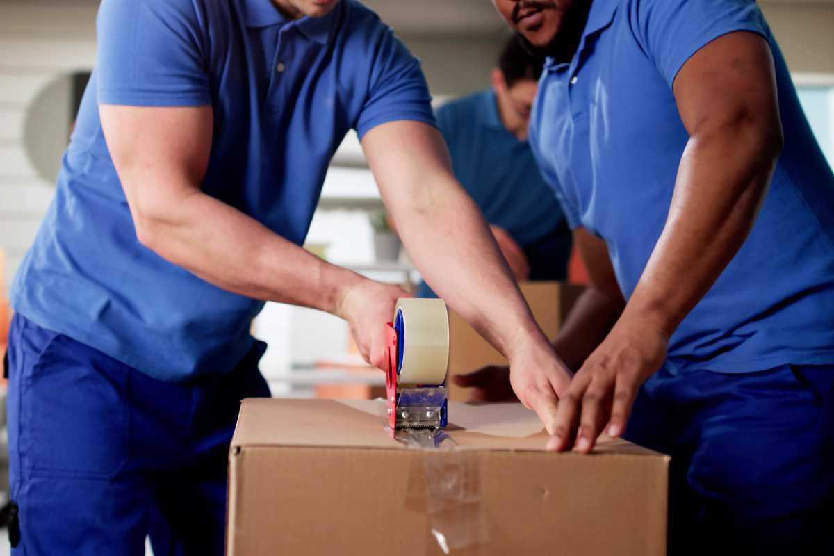 Multiracial mover packing cardboard boxes for residential relocation services job