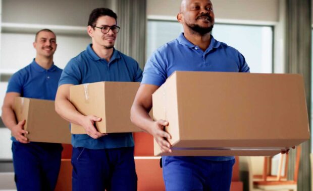 Professional Movers Smiling While Holding Boxes in Residential Room