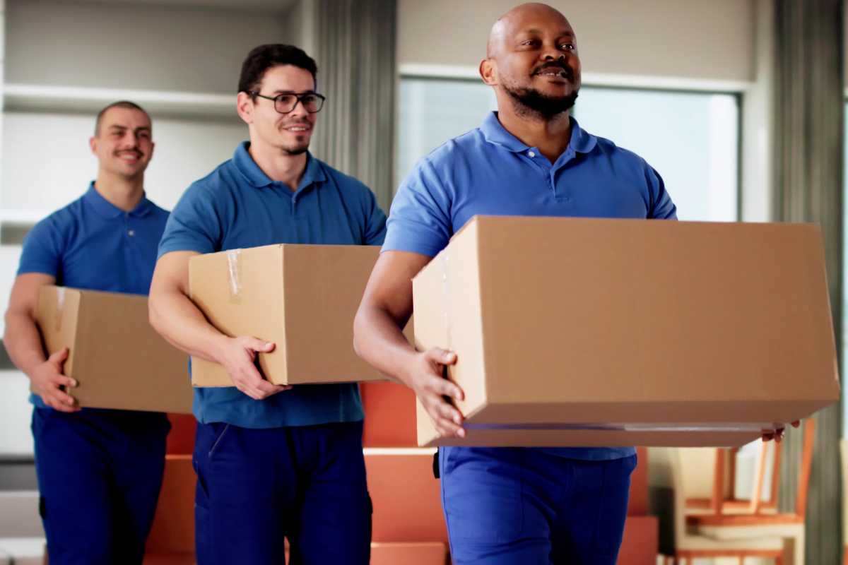 Professional Movers Smiling While Holding Boxes in Residential Room