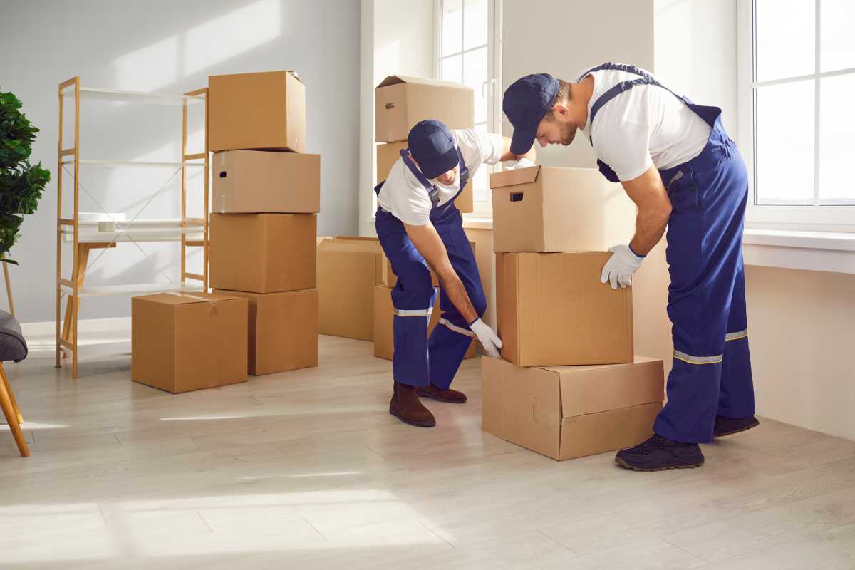 Workers from home removals service helping people on moving day and removing stuff from old house or apartment. Two men in overalls looking at stack of cardboard boxes