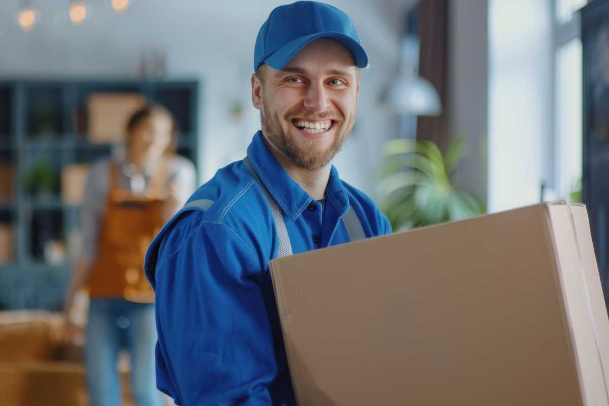 Smiling male moving company worker in uniform holding a cardboard box in empty new apartment. Moving service concept.