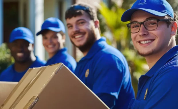 delivery team with boxes smiling outdoors