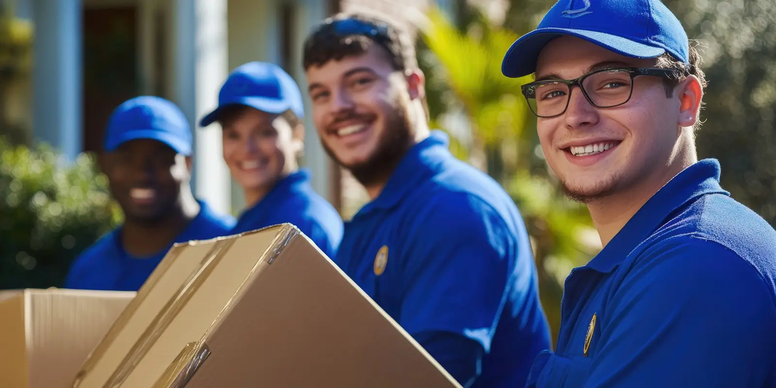 delivery team with boxes smiling outdoors