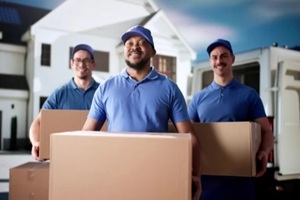 diverse group of movers smiling in front