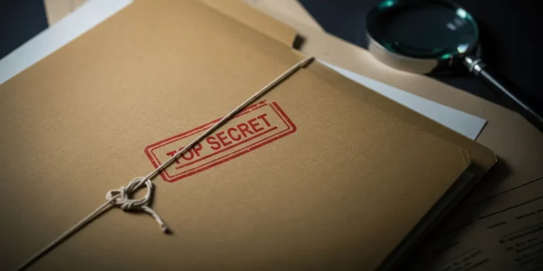 mysterious top secret folder surrounded by documents and a magnifying glass in a dimly lit room
