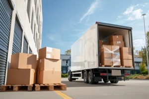 truck unloading boxes at a warehouse with pallets outside in a bright, sunny environment