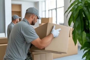 two government movers carrying personal belongings during a home relocation