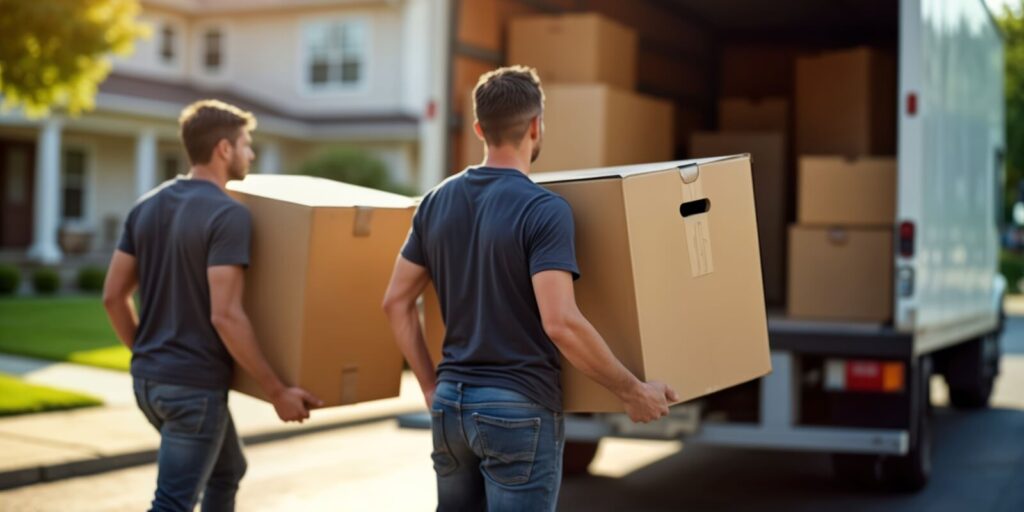 two adult men diligently unloading cardboard boxes