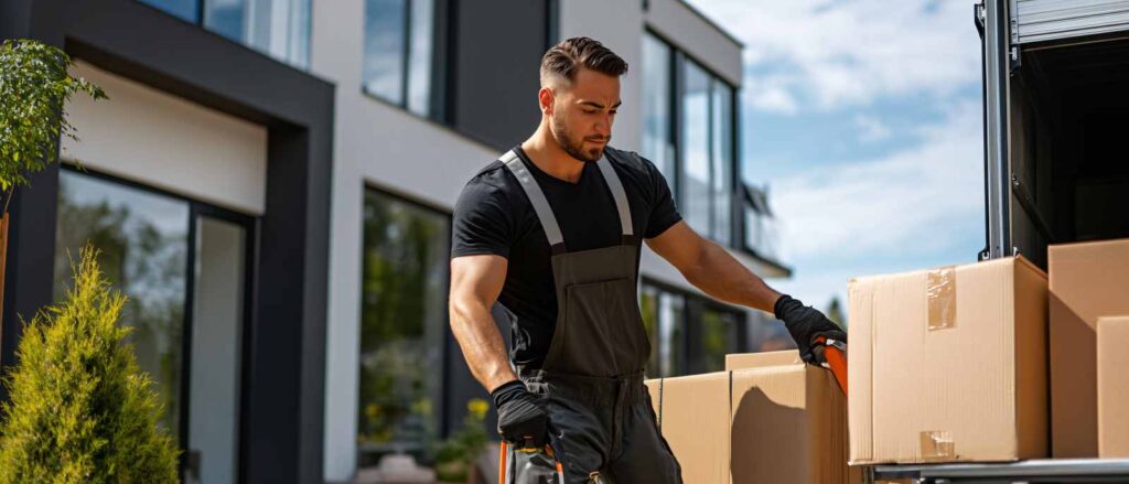 Precision Unloading Professional Movers Handling Modern Office Furniture with Dynamic Workflow