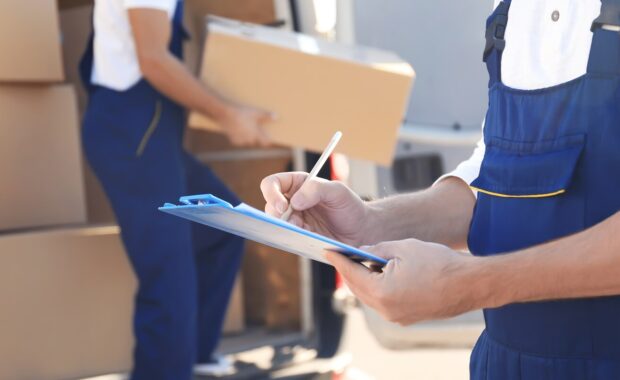 delivery man checking list on clipboard near car