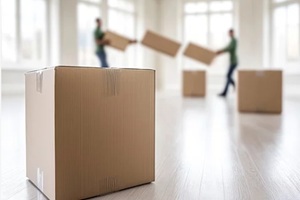 empty room with men moving boxes