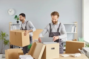 male movers team moving cardboard boxes, loading, unloading setting up of household goods