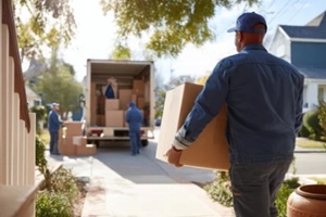 movers unloading boxes from a truck in a suburban neighborhood