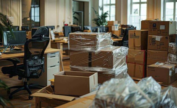 professional office interior cluttered with moving boxes