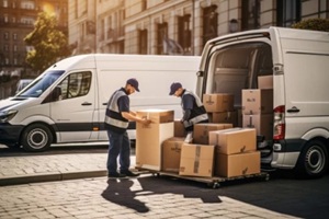 workers unloading boxes from van outdoors
