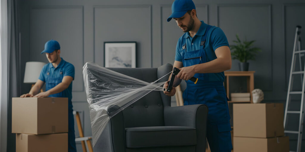 professional movers carefully wrap furniture for safe relocation and transport
