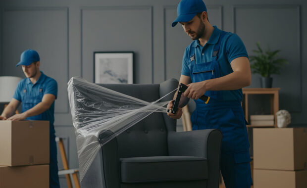 professional movers carefully wrap furniture for safe relocation and transport