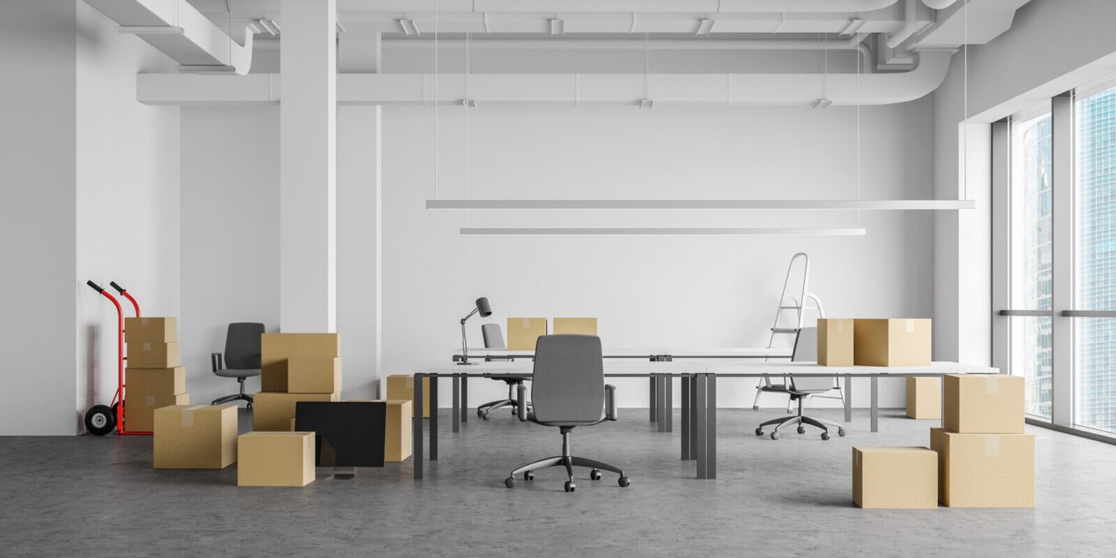 boxes in open space office, moving concept
