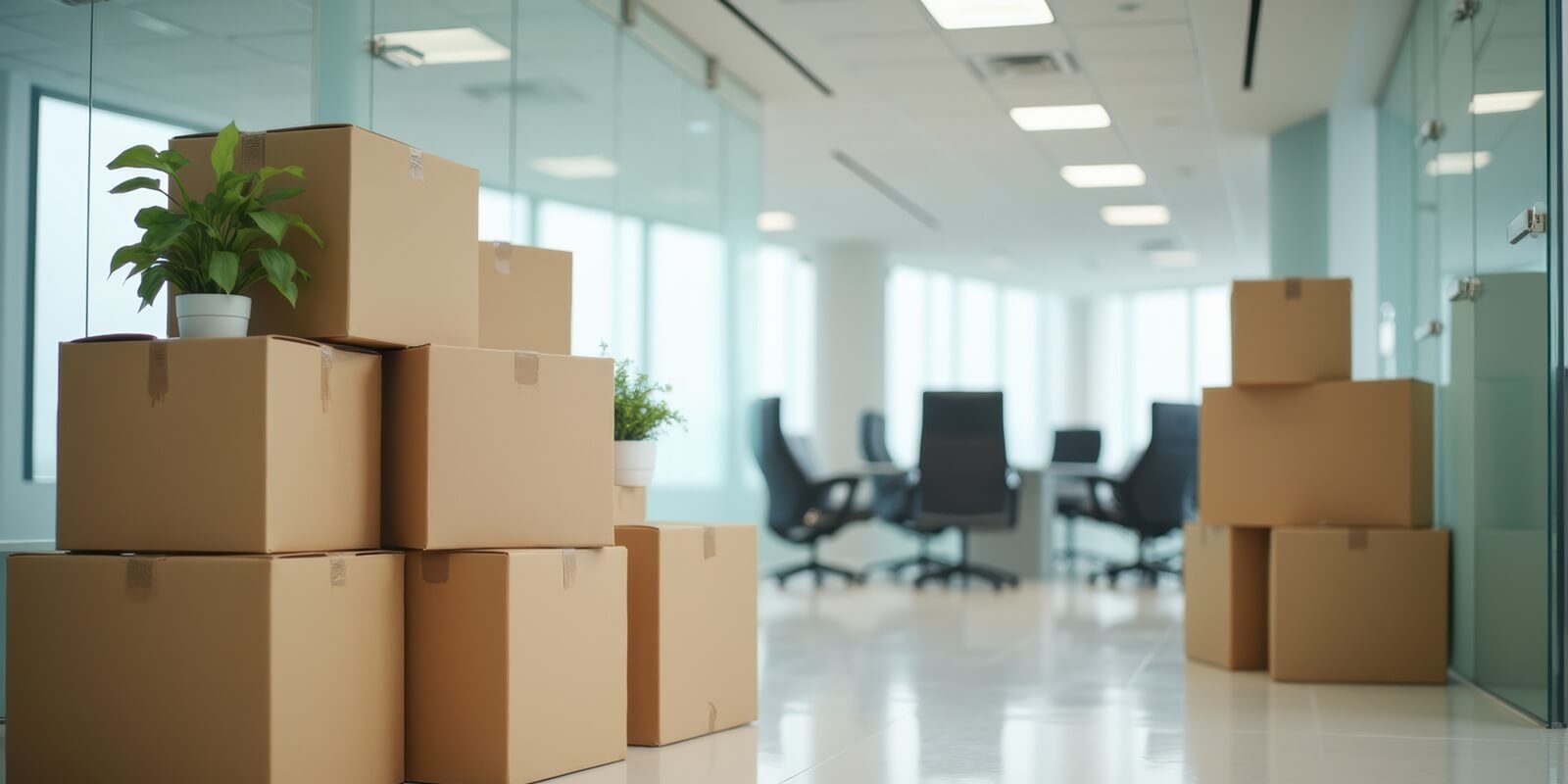 cardboard boxes are stacked in a modern office hallway during a business relocation or move