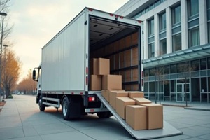 hand truck with stacked boxes being loaded into a truck with a roll-up door open