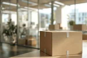packing cardboardes on blured plan office space