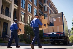 professional movers are unloading boxes from a truck into a modern apartment building in the city