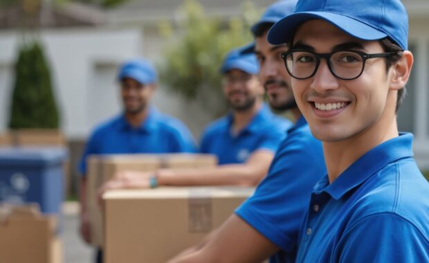team of smiling movers in blue uniforms carry boxes