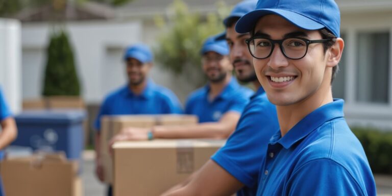 team of smiling movers in blue uniforms carry boxes