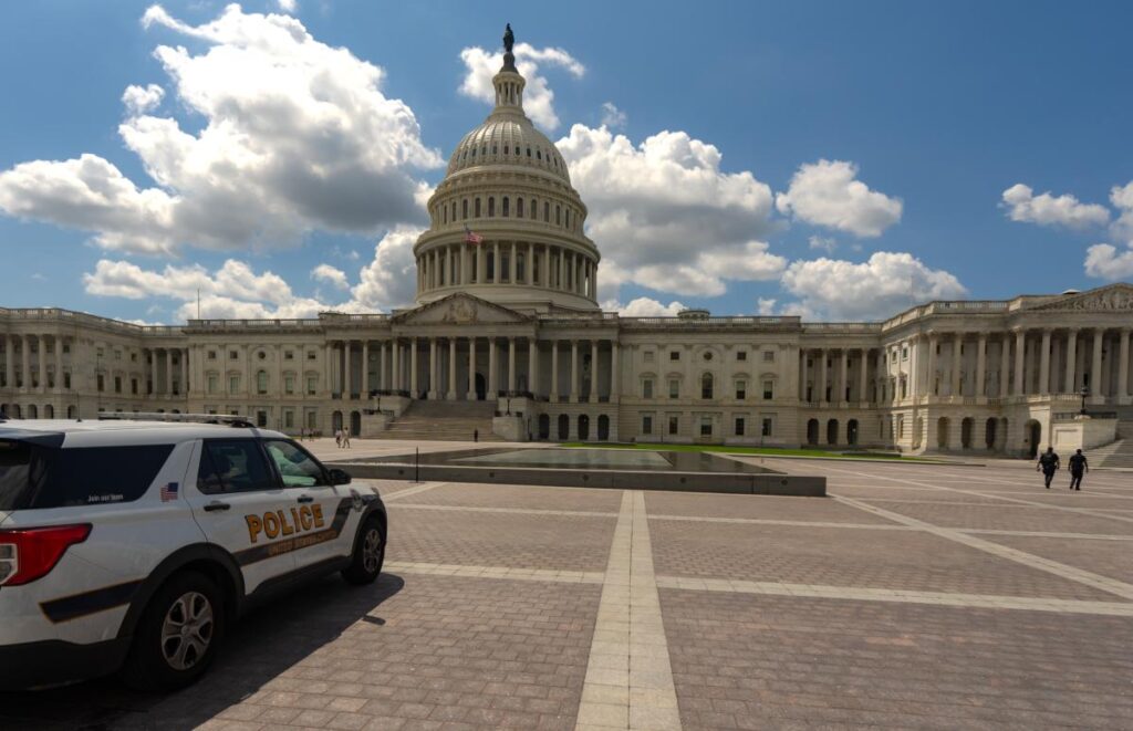 View Of The Capital In DC & Police Performing Background & Security Checks