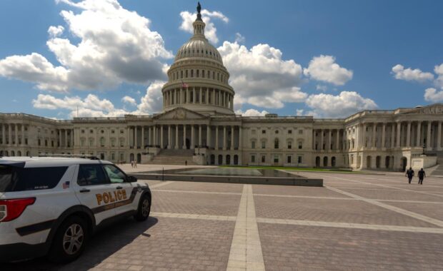 View Of The Capital In DC & Police Performing Background & Security Checks