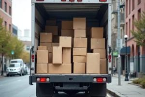 back of delivery truck filled cardboard boxes ready shipment
