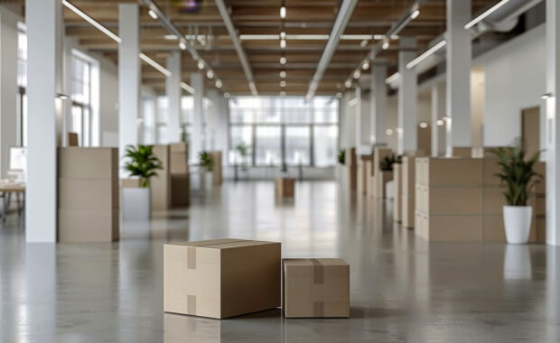 cardboard boxes in empty office interior, moving concept