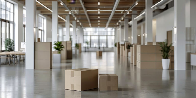 cardboard boxes in empty office interior, moving concept