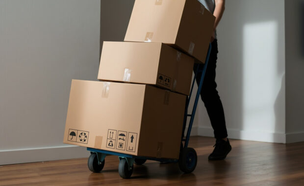 person pushing hand truck loaded with cardboard boxes in apartment hallway