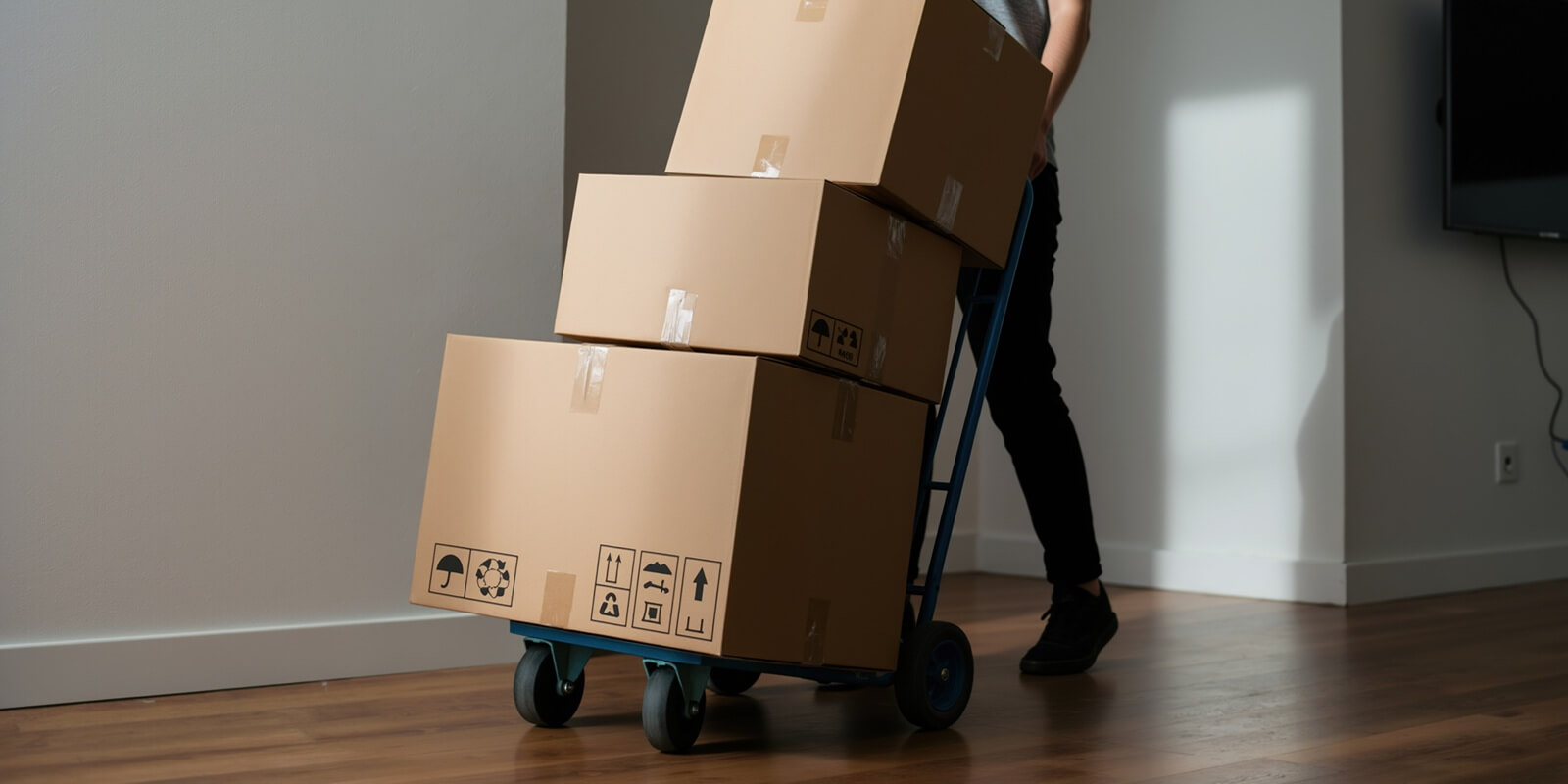 person pushing hand truck loaded with cardboard boxes in apartment hallway