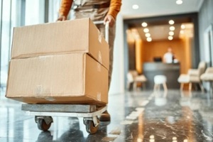 unrecognizable worker delivering stacked cardboard boxes on a hand truck indoors