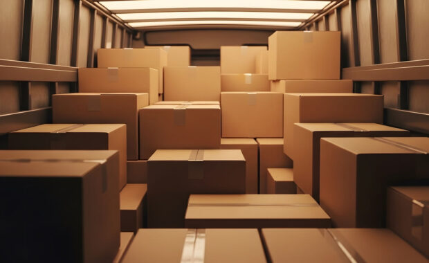 boxes stacked inside a truck ready for shipping and delivery for moving house