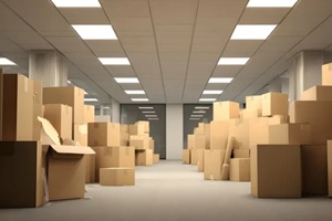 empty office space filled with numerous cardboard boxes, ready for moving or storage