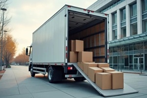 hand truck with stacked boxes being loaded into a truck with a roll-up door open