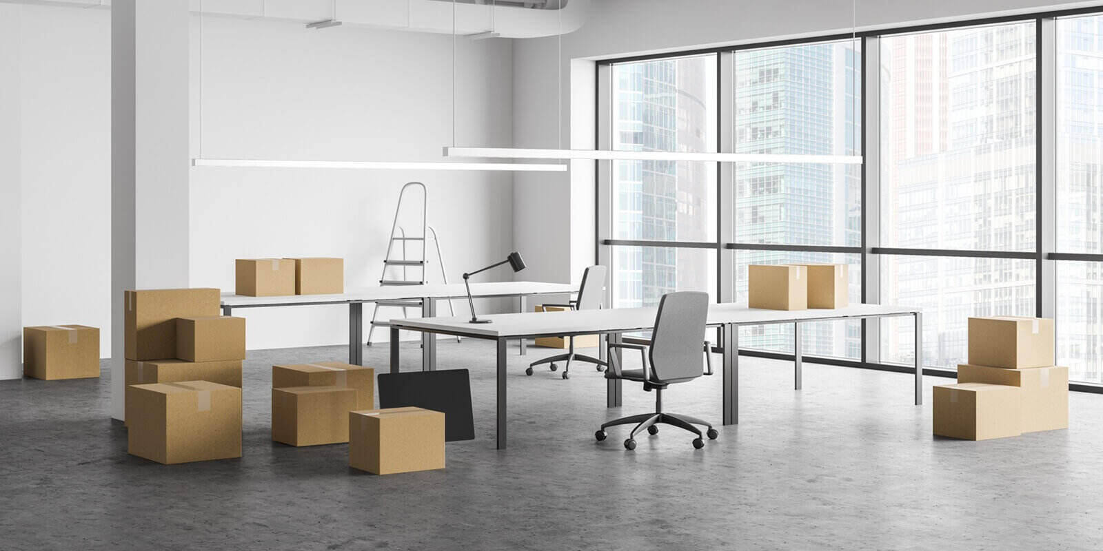 moving to new office, boxes and equipment