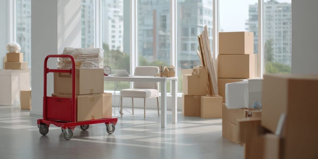 sunlit office space with moving boxes and furniture