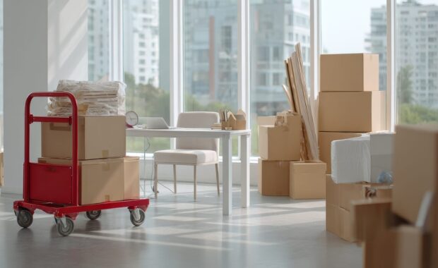sunlit office space with moving boxes and furniture