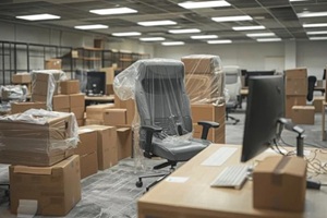 Office in transition with packed boxes, wrapped chairs, and computer equipment.