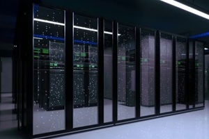 interior of a modern, high-tech data center or server room