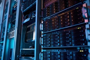 server rack with supercomputer hardware in big data center inside closeup